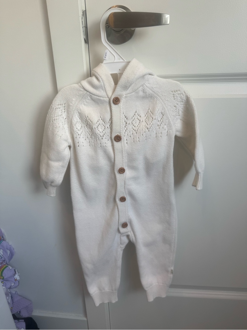 Button-Front Hooded Knit One-Piece in White